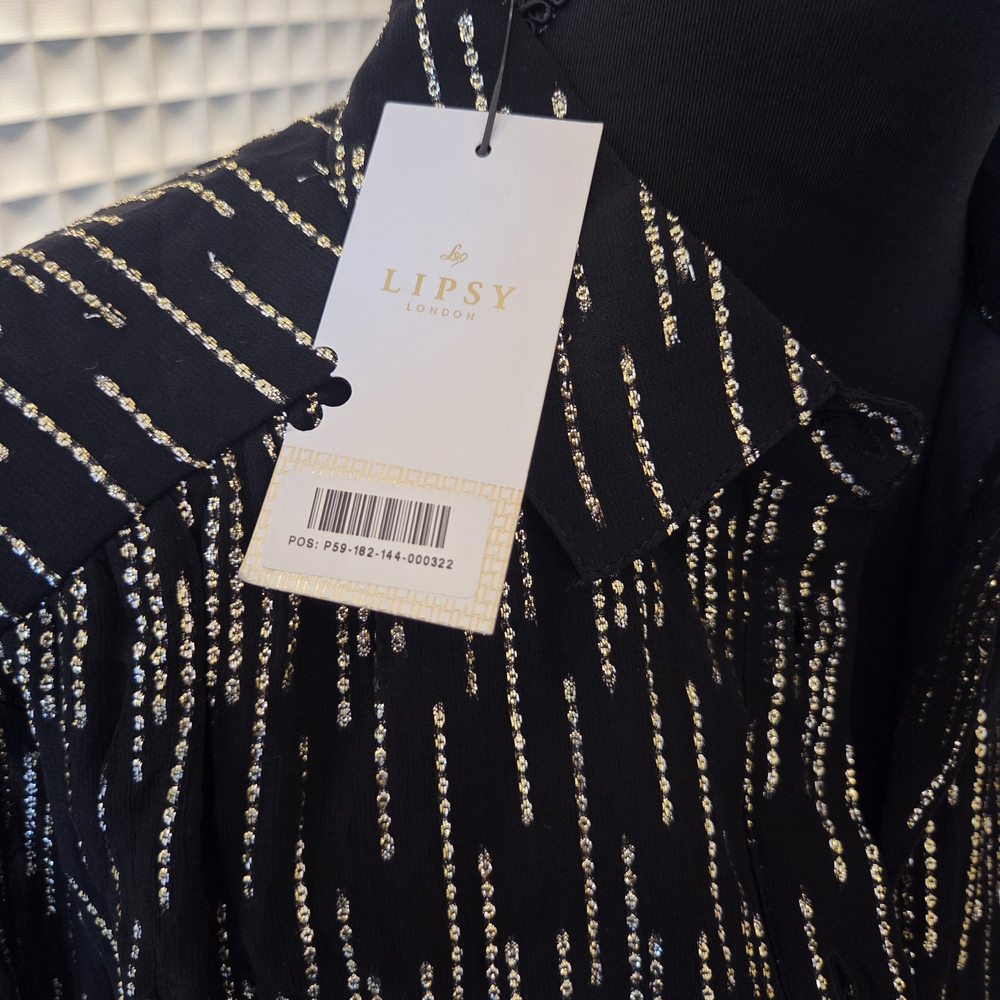 New Lipsy London Metallic Stripe Shirt Dress Black, NWT Gold Silver, Size 6 - Picture 3 of 6